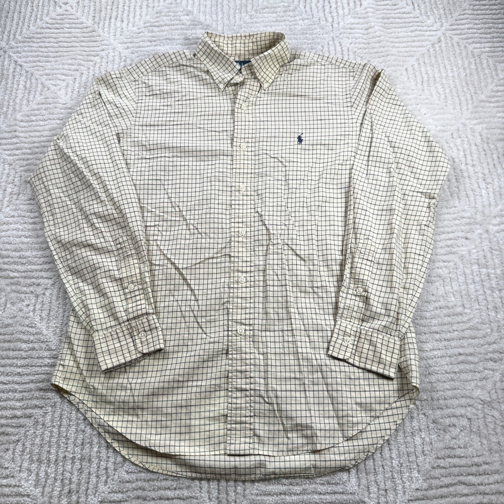 Ralph Lauren Button Shirt Men's M Cream Tattersall Check Classic Fit Preppy Ivy